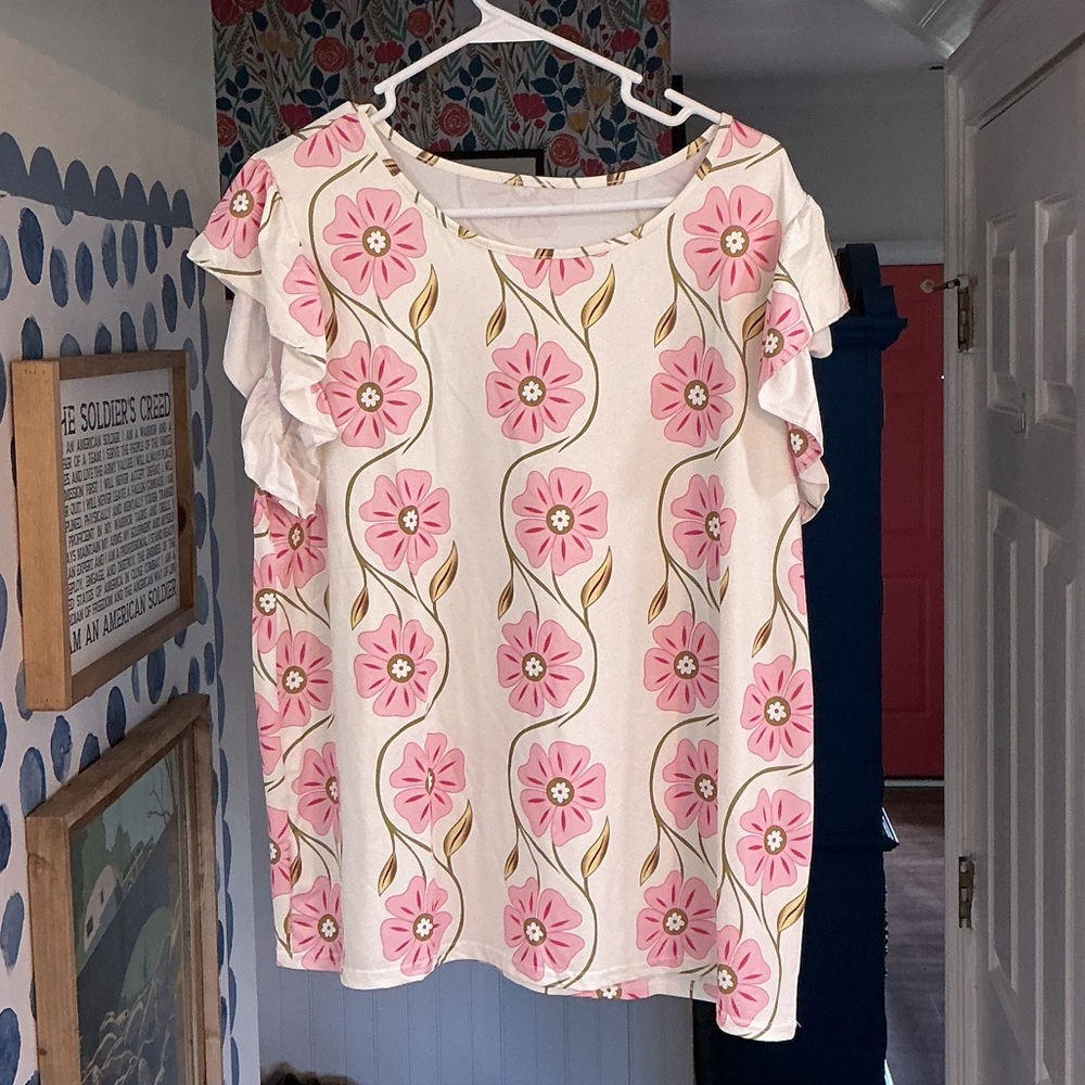 Floral Ruffle Sleeve Top - Pink & Cream